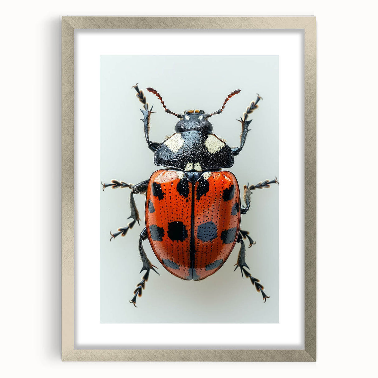 Framed wall art collection featuring a vibrant ladybug design on a white background, with a sleek silver frame and mat, perfect for insect enthusiasts.