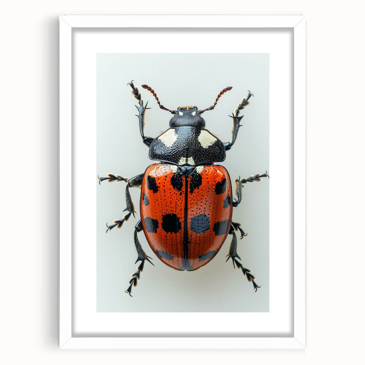 Framed wall art showcasing a vibrant ladybug design, part of an insect and arachnid collection, with a white mat and sleek frame, ideal for nature-themed decor.