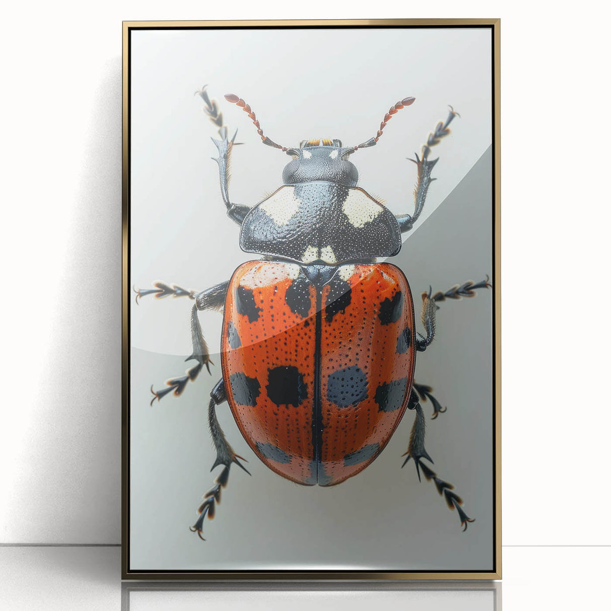 Framed wall art featuring a vibrant ladybug design with intricate details, set in an elegant gold frame, perfect for nature-themed decor or insect enthusiasts.