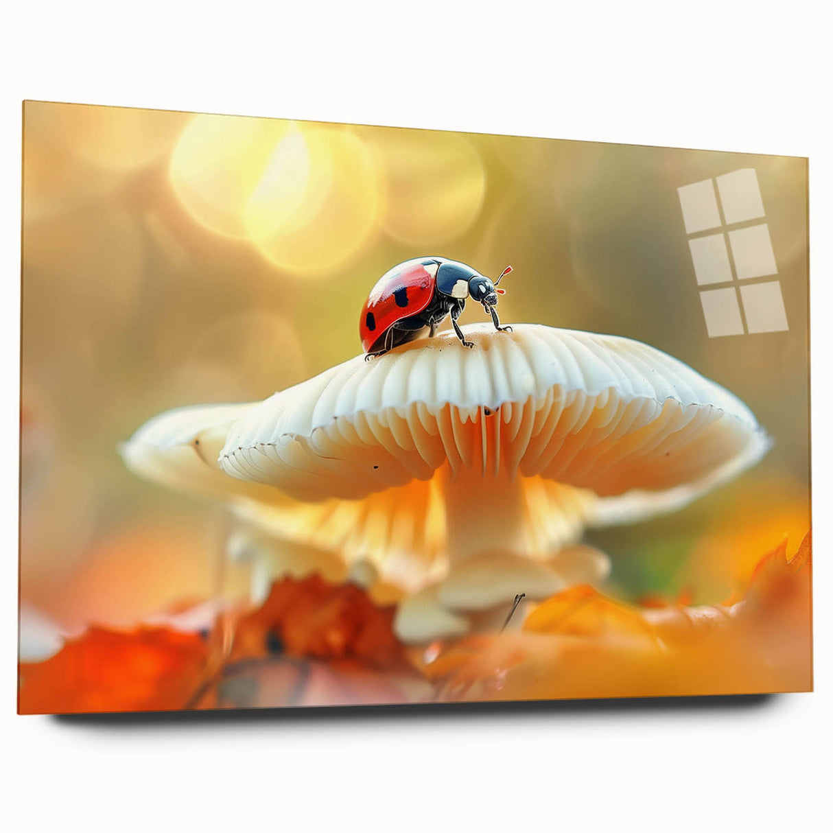 Acrylic wall art featuring a vibrant ladybug design from the Insect and Arachnid collection, showcasing intricate details and colors against a clear glass background. Perfect for adding a unique touch to any room decor.