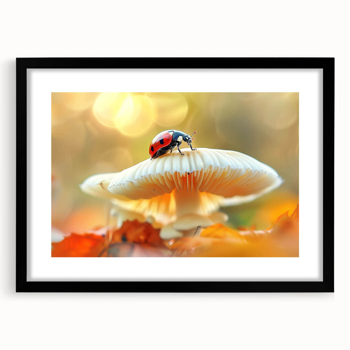Framed wall art featuring a vibrant ladybug design on a black background, perfect for insect enthusiasts and nature lovers, enhancing any interior decor.