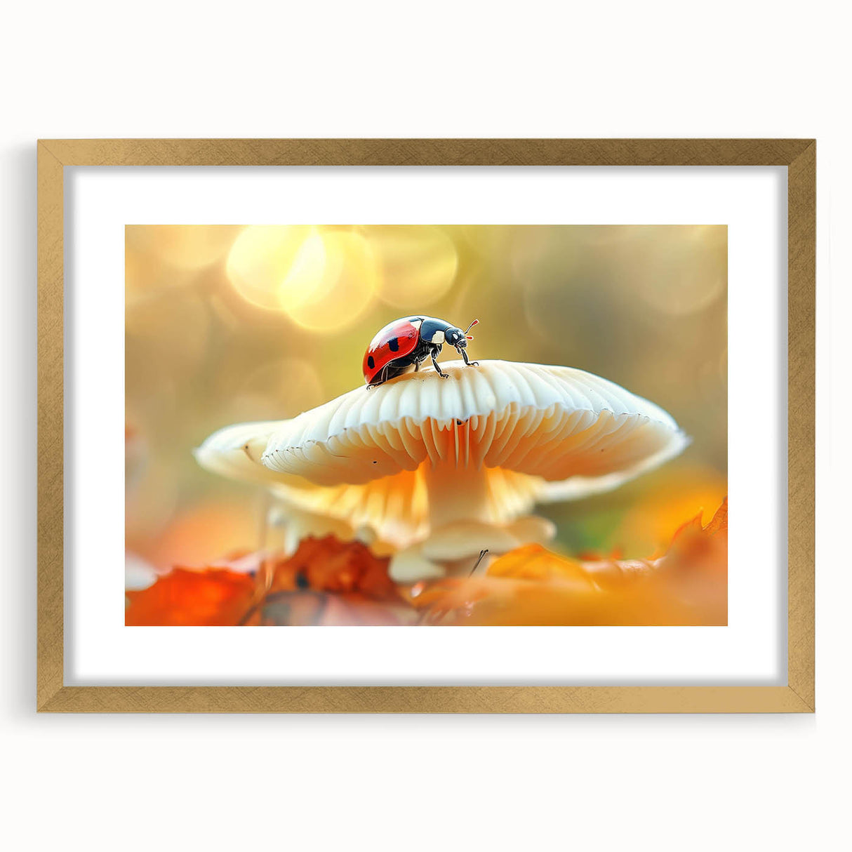 Gold-framed wall art featuring a vibrant ladybug design with intricate details, showcasing its colorful spots and unique patterns, perfect for insect lovers.