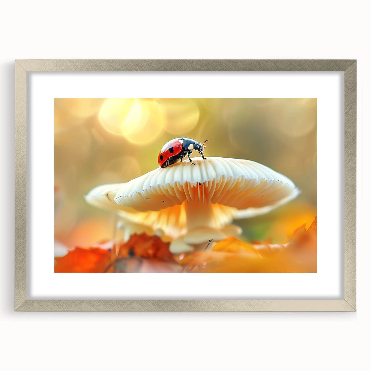 Framed wall art featuring a vibrant ladybug design from the Insect and Arachnid collection, showcasing intricate details and a sleek silver frame with matting.