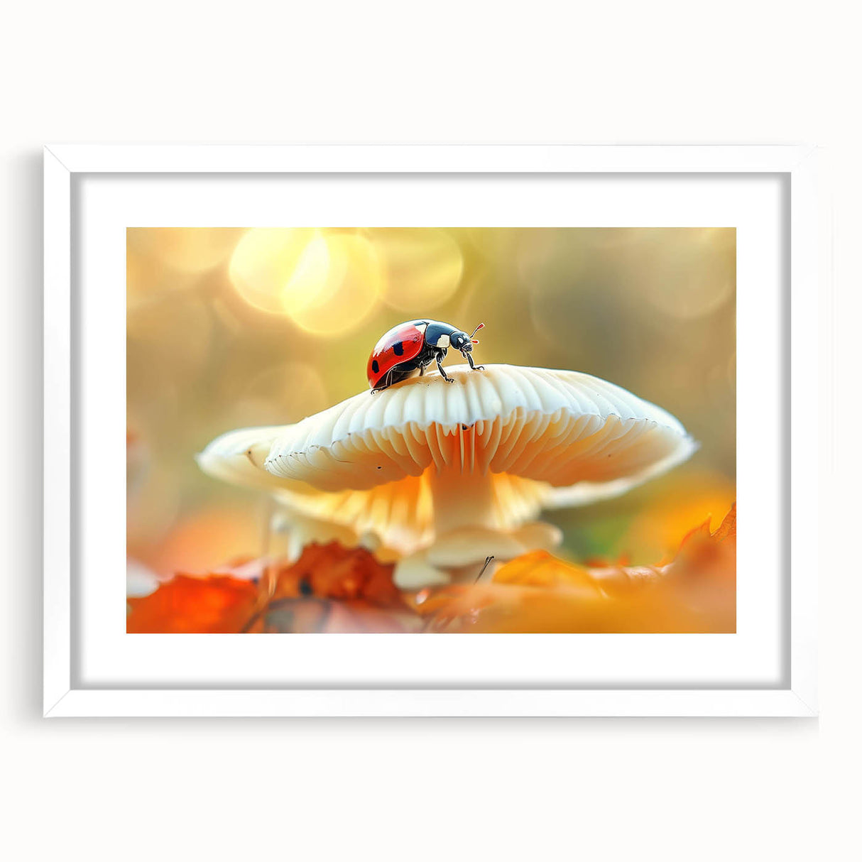 Framed wall art showcasing a vibrant ladybug design, featuring intricate details and a white mat. Ideal for nature-themed decor in homes or offices.