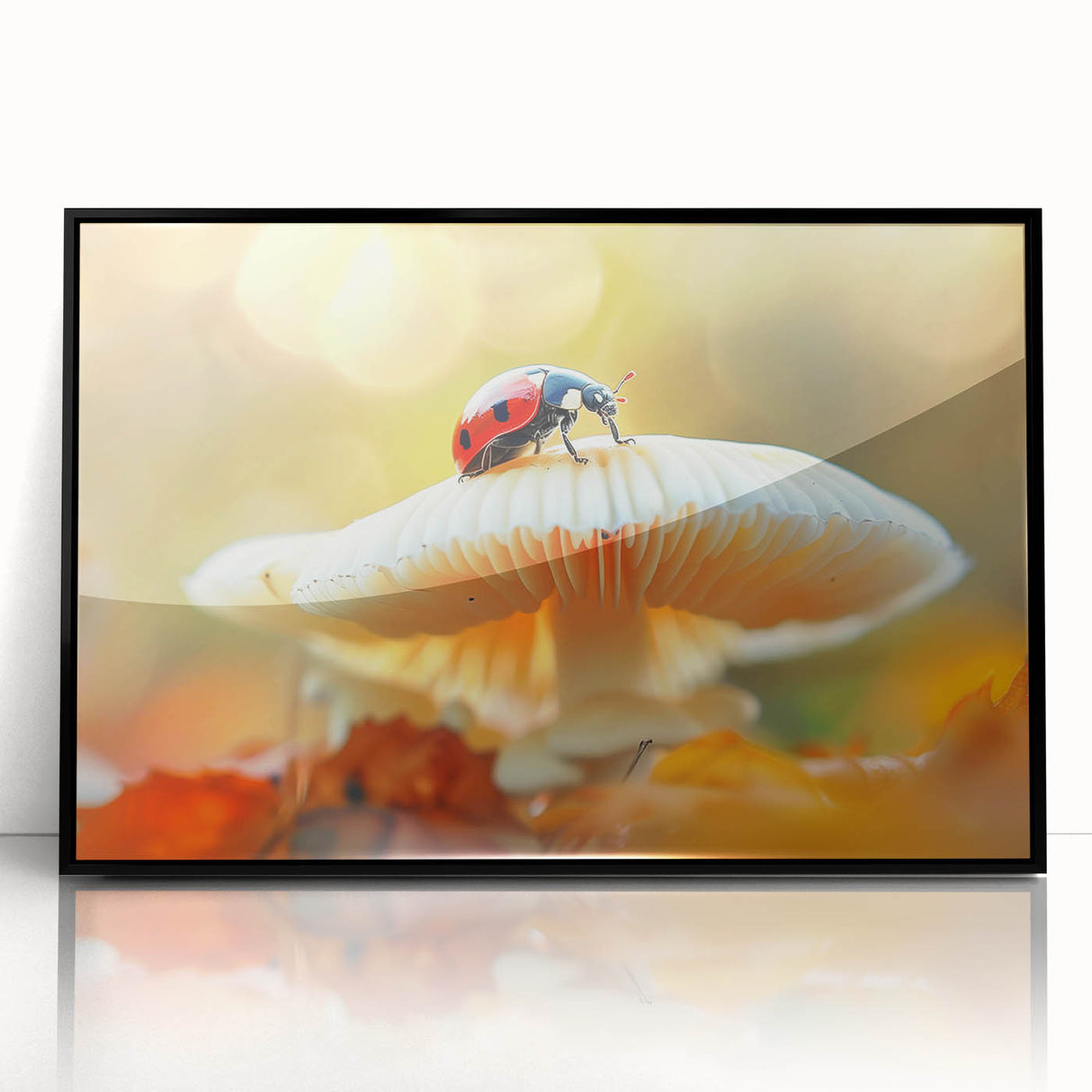 Framed wall art featuring a vibrant ladybug design, showcasing intricate details and a sleek black frame, perfect for adding a whimsical touch to home decor.