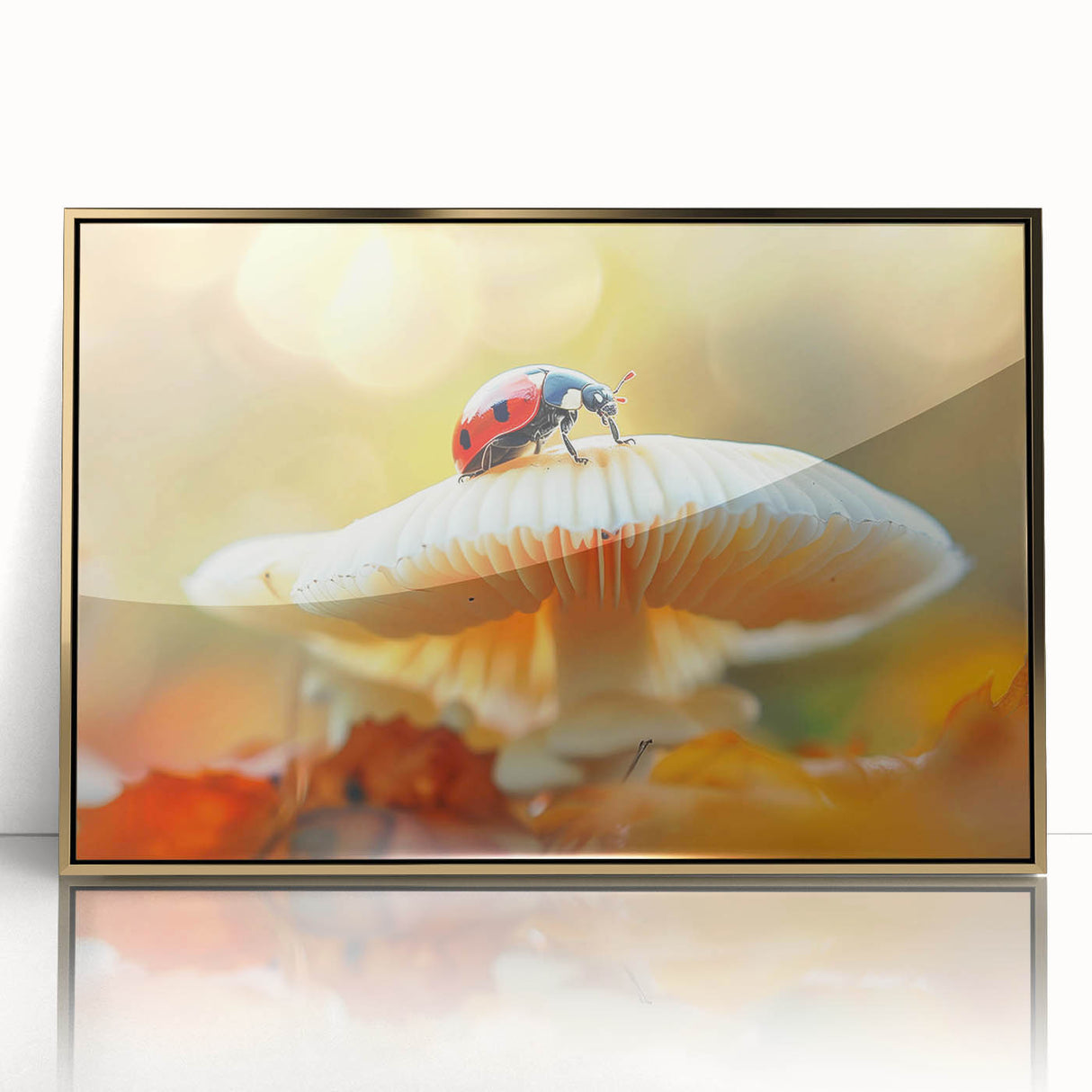 Framed wall art featuring a vibrant ladybug design with intricate details and a gold-acrylic finish, perfect for adding a touch of nature-inspired decor to any space.