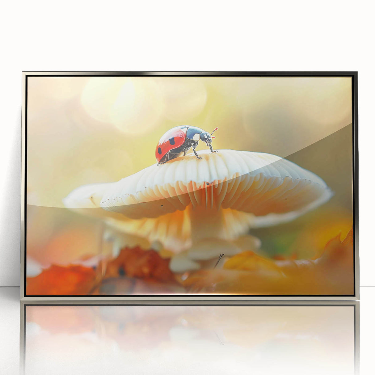 Framed wall art featuring a vibrant ladybug design on acrylic, showcasing intricate details and vivid colors, perfect for insect-themed decor in modern spaces.