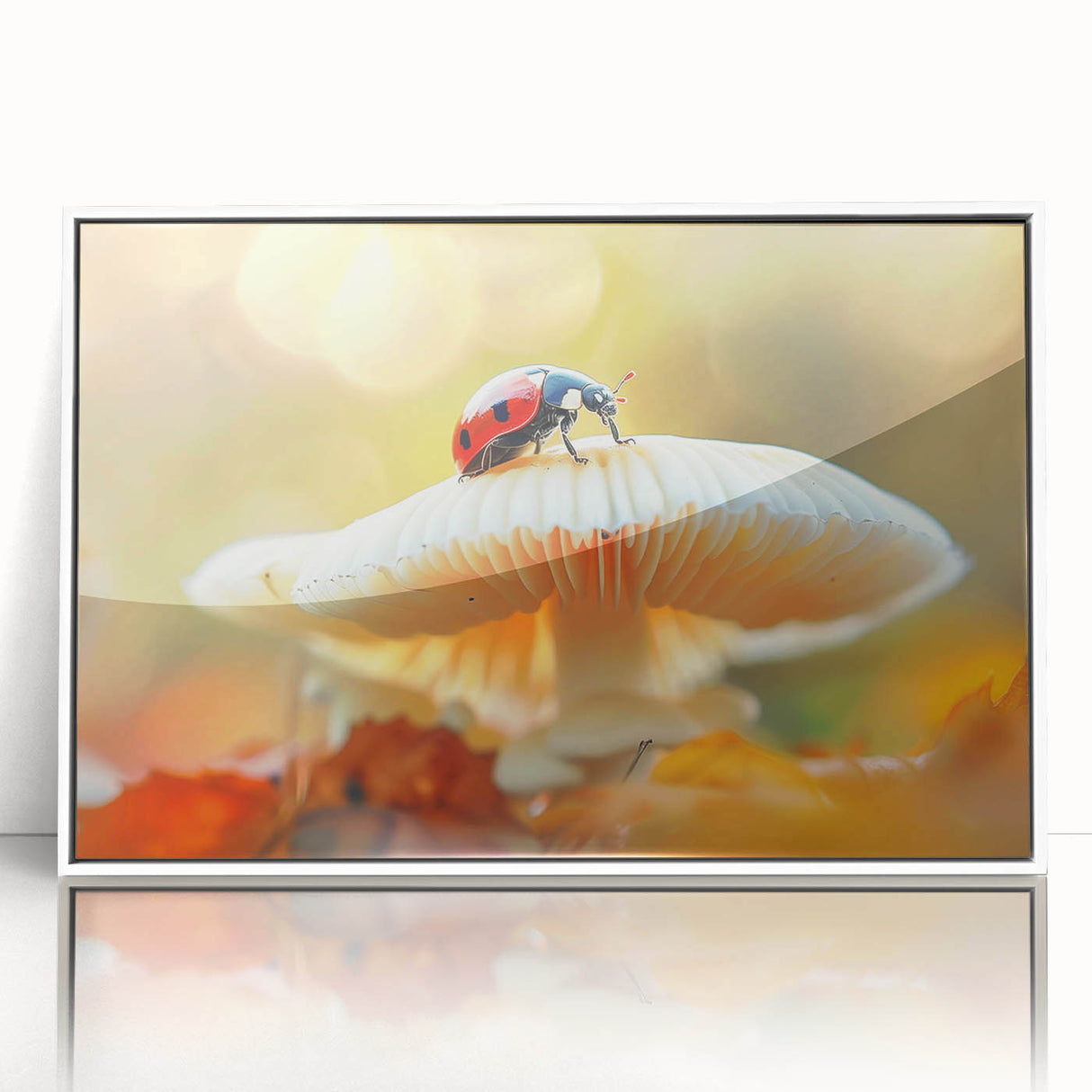 Framed wall art featuring a vibrant ladybug design from the Insect and Arachnid collection, set against a white background, perfect for nature-themed decor.