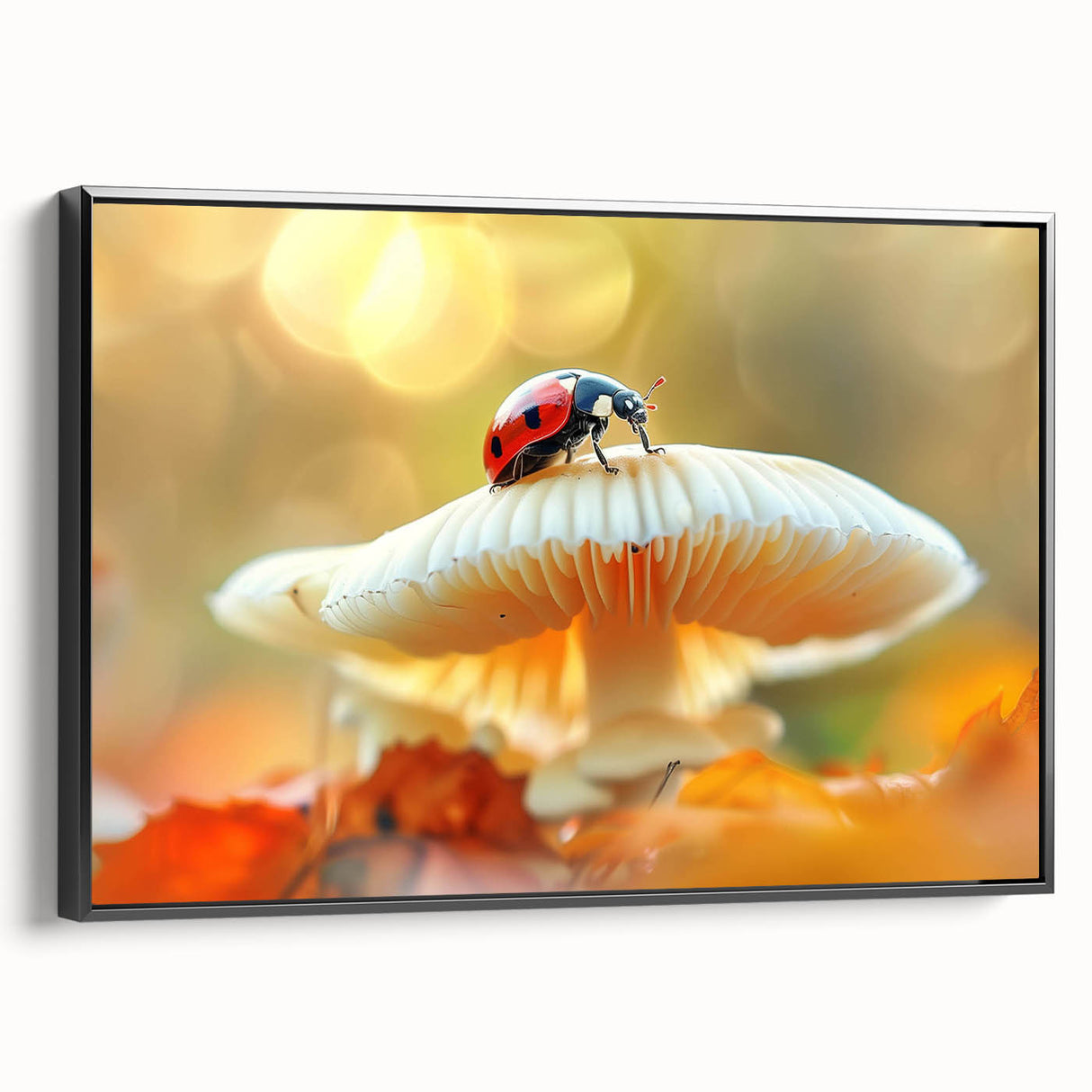 Framed wall art featuring a ladybug design on canvas, displaying vibrant colors against a black background, ideal for nature-themed decor in living spaces.