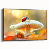 Framed wall art featuring a ladybug design on canvas, displaying vibrant colors against a black background, ideal for nature-themed decor in living spaces.
