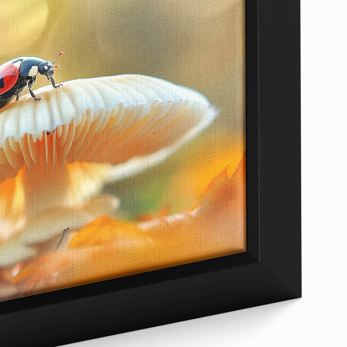Close-up of a framed canvas wall art featuring a vibrant ladybug design, showcasing intricate details and colors, perfect for nature-themed decor.