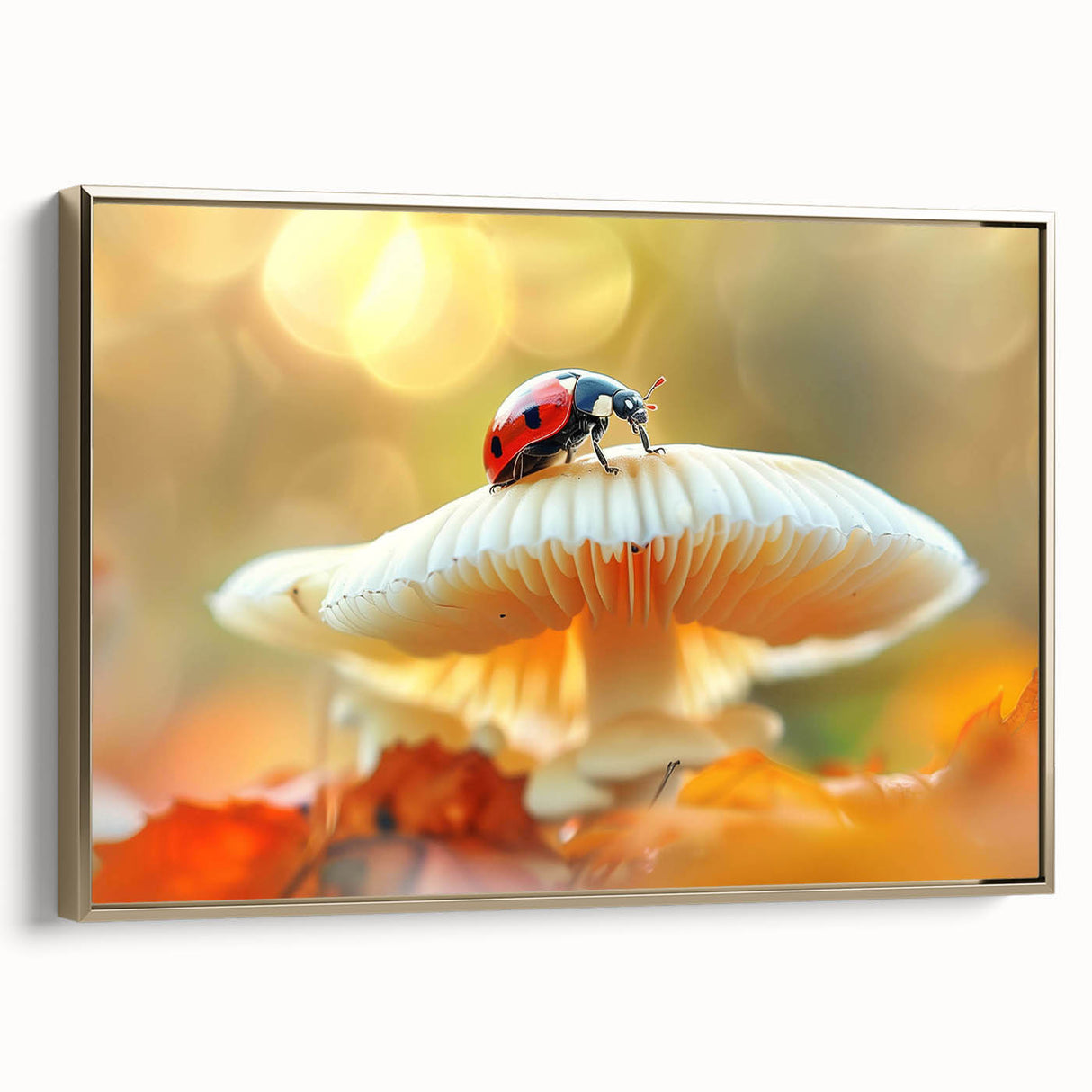 Framed canvas wall art showcasing a vibrant ladybug design, featuring intricate details and bold colors, elegantly presented with a gold frame for a stylish decor accent.