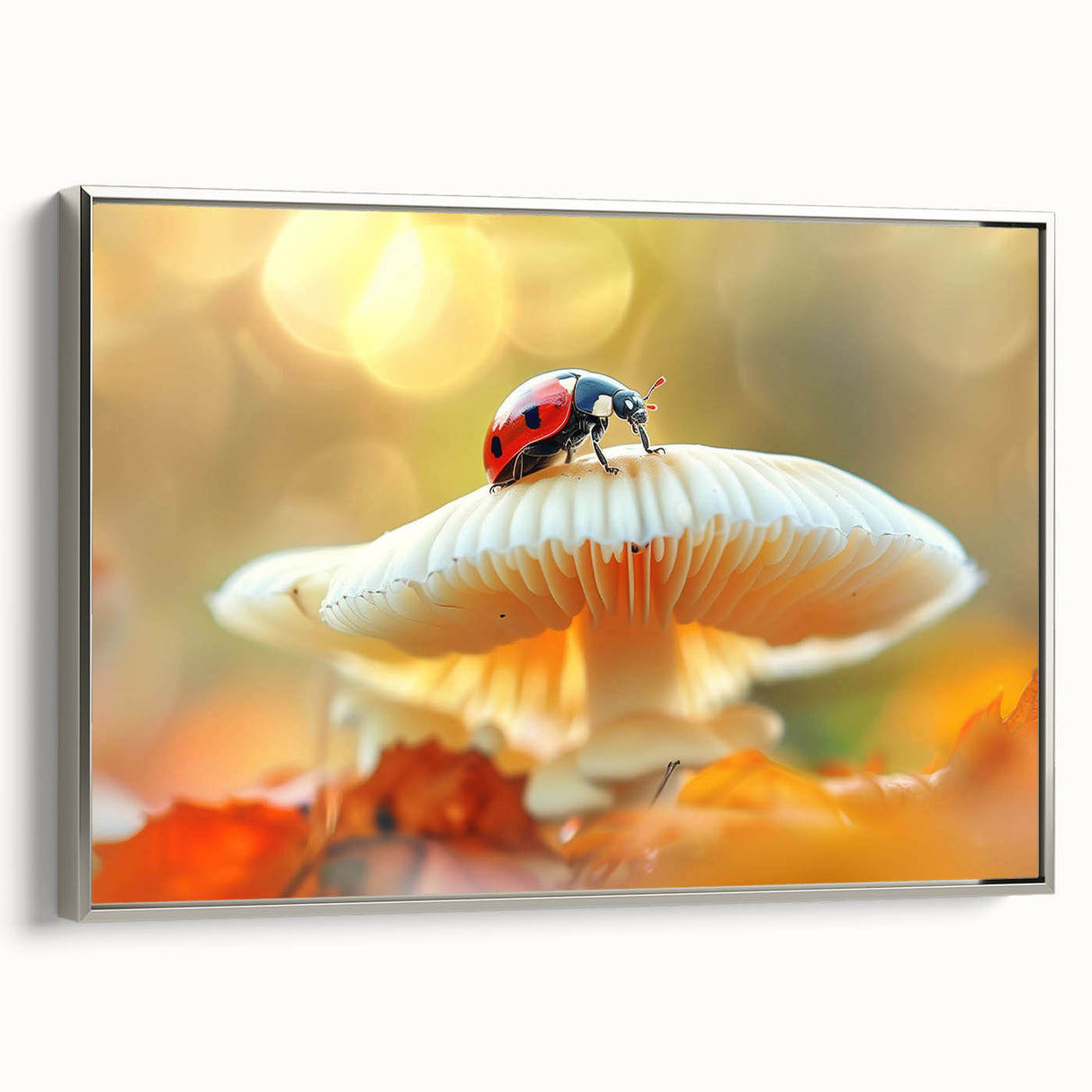 Framed wall art showcasing a vibrant ladybug design from the Insect and Arachnid collection, featuring a silver frame and side view perspective, perfect for nature lovers.