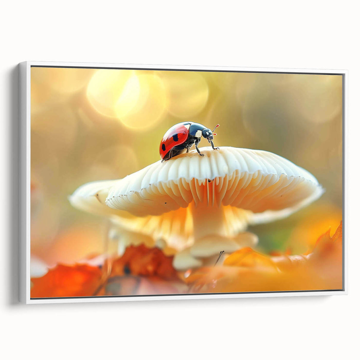 Framed canvas wall art featuring a colorful ladybug design, set against a white background, showcasing intricate details and vibrant colors, perfect for home decor.