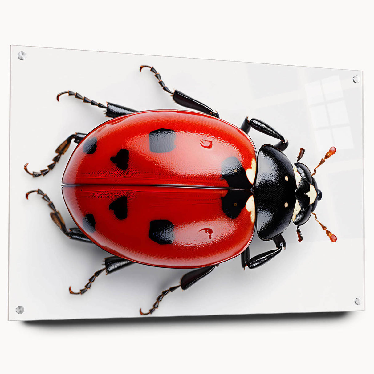 Colorful acrylic wall art showcasing a ladybug design, displayed in a side view with visible pins, perfect for insect-themed decor and educational settings.