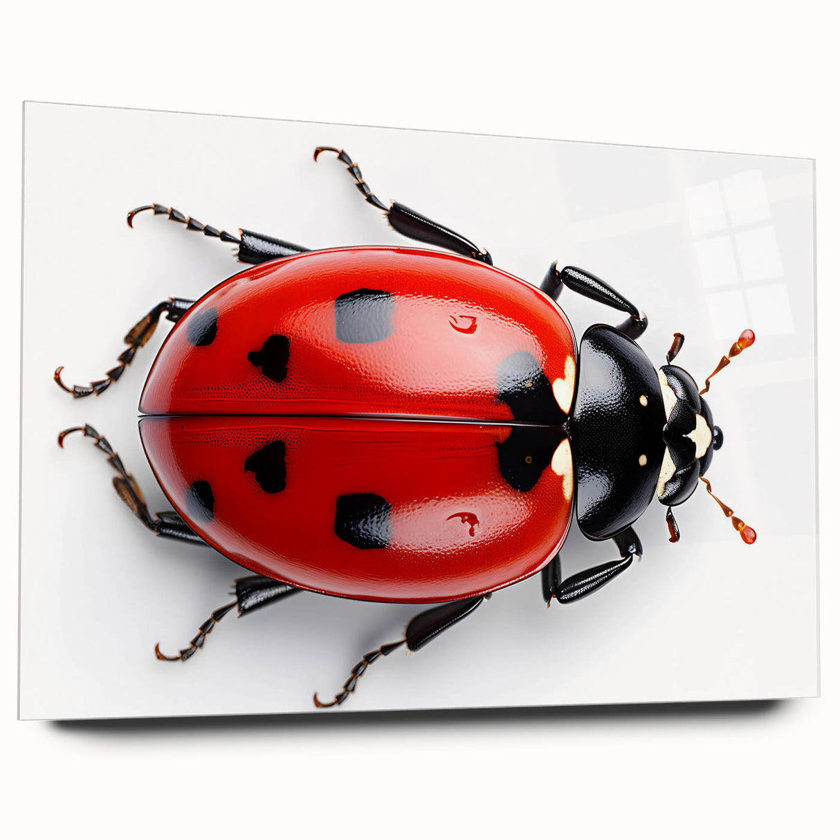Colorful ladybug-themed wall art design printed on acrylic glass, showcasing intricate details and vibrant colors, perfect for insect lovers and home decor enthusiasts.