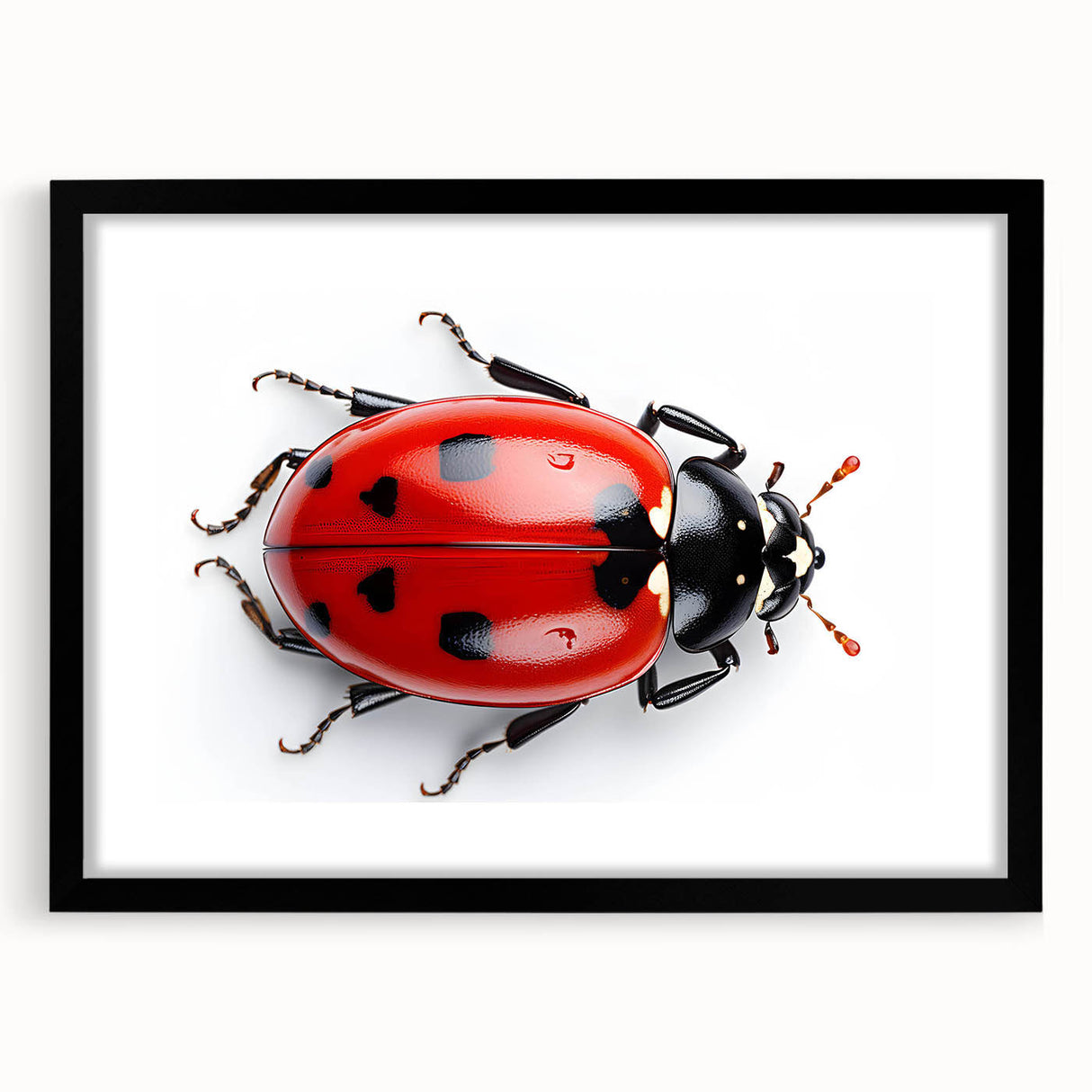 Framed wall art collection featuring a vibrant ladybug design on a black mat, ideal for insect enthusiasts and nature-inspired decor in modern interiors.