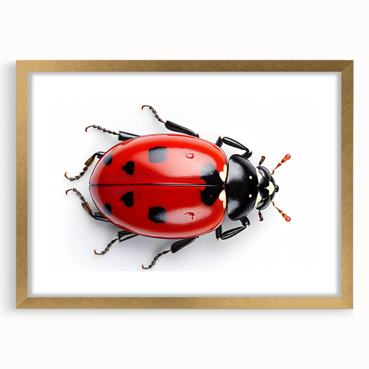 Elegant wall art featuring a ladybug design, framed with a gold mat, perfect for nature-themed decor. Ideal for enhancing living spaces with a touch of whimsy.