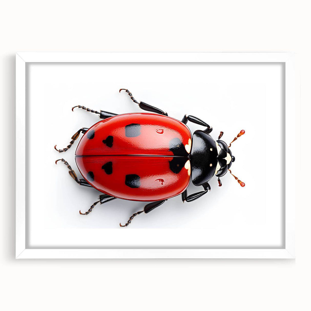 Colorful wall art collection featuring a ladybug design, framed with a white mat, perfect for insect and arachnid enthusiasts, enhancing home decor.