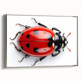 Framed canvas wall art showcasing a vibrant ladybug design, featuring intricate details, a silver frame, and a stylish side view for modern decor.