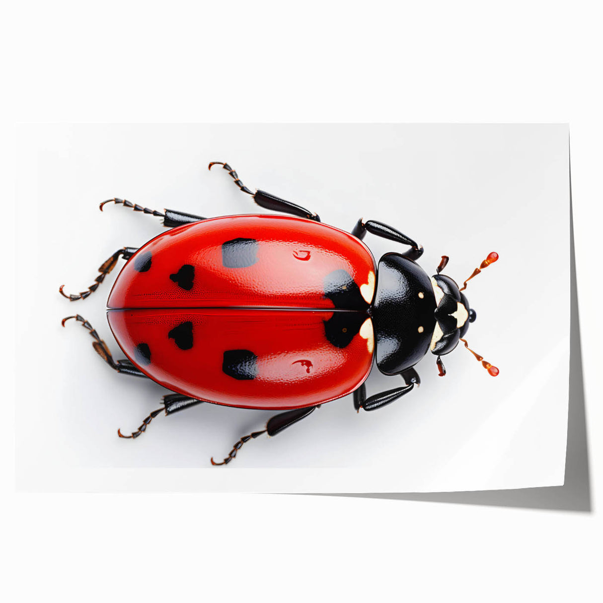 Colorful ladybug wall art design featuring intricate details and vibrant hues, ideal for nature-themed decor. High-quality rolled print suitable for framing.
