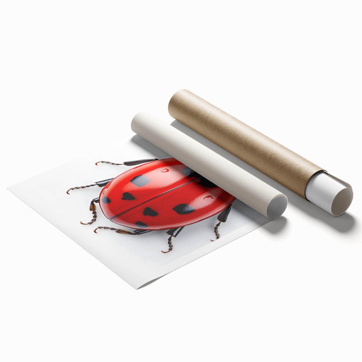Vibrant rolled print of a ladybug design from an insect and arachnid wall art collection, showcasing bright colors and intricate details, ideal for nature enthusiasts.