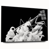 Side view of a mantis-themed wall art design on acrylic glass, showcasing intricate details and vibrant colors, perfect for modern home decor enthusiasts.