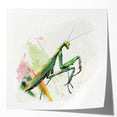 Abstract wall art design featuring a vibrant mantis and arachnid illustration on a glossy surface, ideal for nature-themed decor in modern interiors.