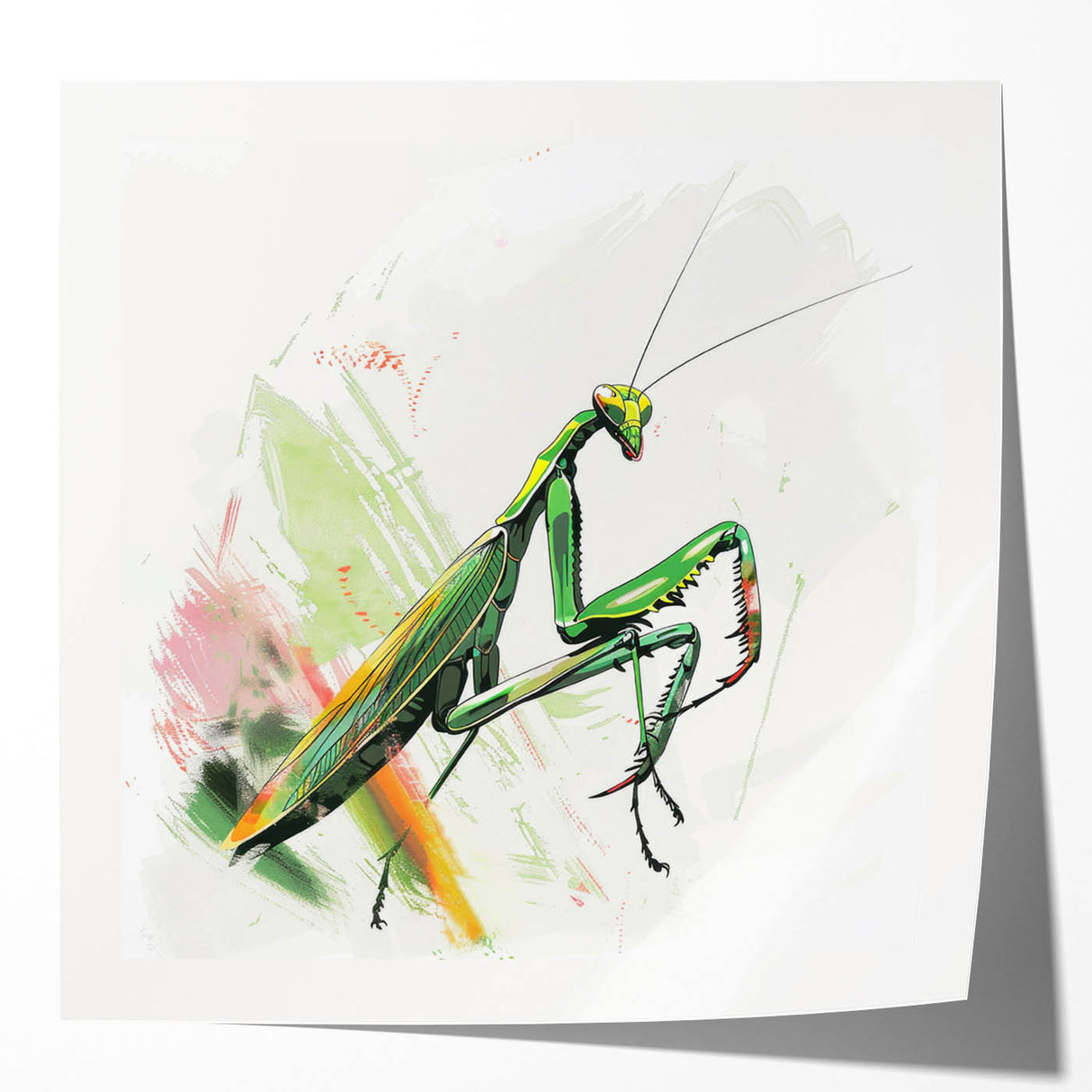 Abstract wall art design featuring a vibrant mantis and arachnid illustration on a glossy surface, ideal for nature-themed decor in modern interiors.