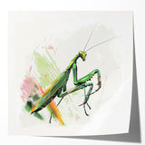 Abstract wall art design featuring a vibrant mantis and arachnid illustration on a glossy surface, ideal for nature-themed decor in modern interiors.