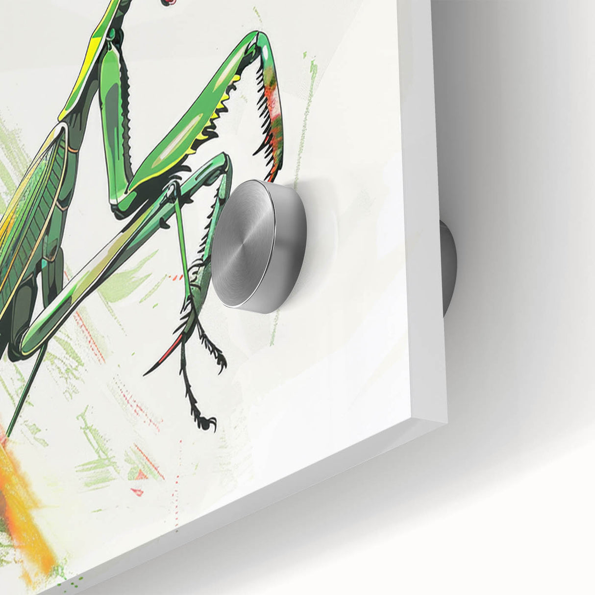 Close-up of a striking mantis design wall art piece featuring vibrant green hues and intricate details, perfect for insect enthusiasts and modern decor. This acrylic glass artwork adds a unique touch to any space.