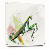 Acrylic glass wall art featuring a detailed side view of a colorful mantis design, showcasing vibrant greens and intricate patterns, ideal for insect lovers’ décor.