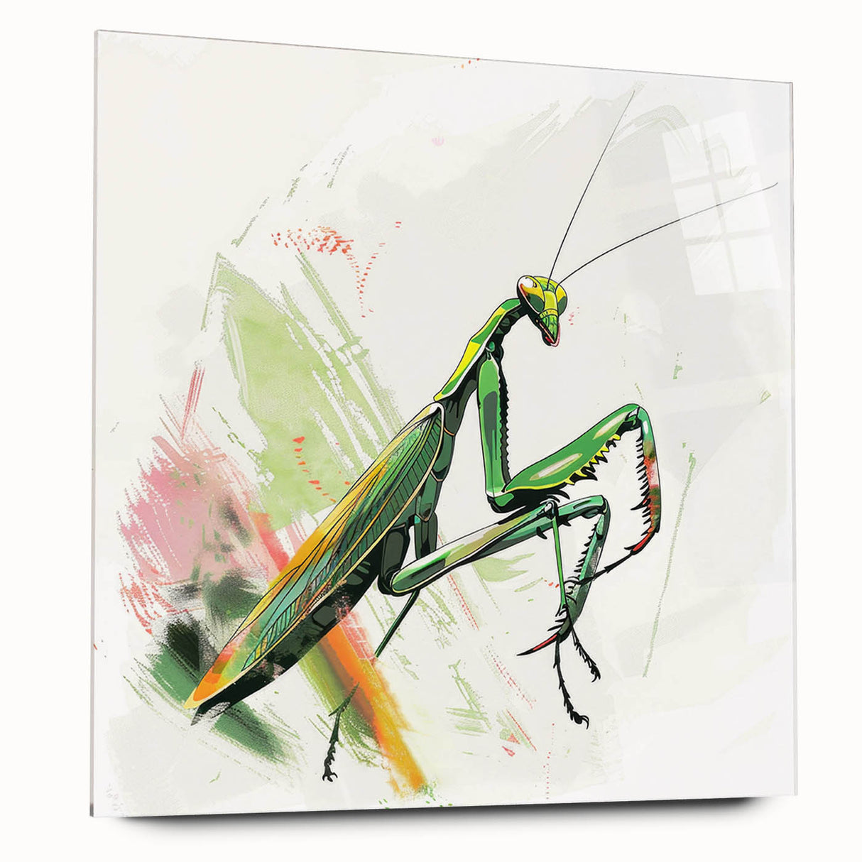 Close-up view of a vibrant acrylic glass wall art piece featuring a detailed mantis design, showcasing intricate colors and textures, perfect for insect enthusiasts and modern decor.
