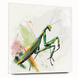 Close-up view of a vibrant acrylic glass wall art piece featuring a detailed mantis design, showcasing intricate colors and textures, perfect for insect enthusiasts and modern decor.