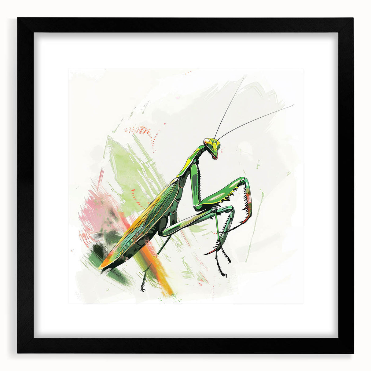 Framed wall art showcasing a detailed mantis design in a black frame with a white mat, perfect for insect enthusiasts and modern decor. Ideal for enhancing home aesthetics.