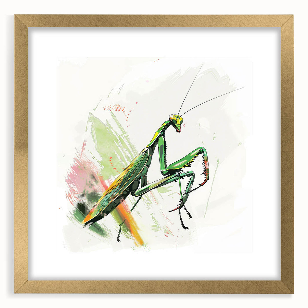 Framed wall art showcasing a detailed mantis design in gold, featuring a mat for added elegance. Perfect for nature enthusiasts and modern decor.