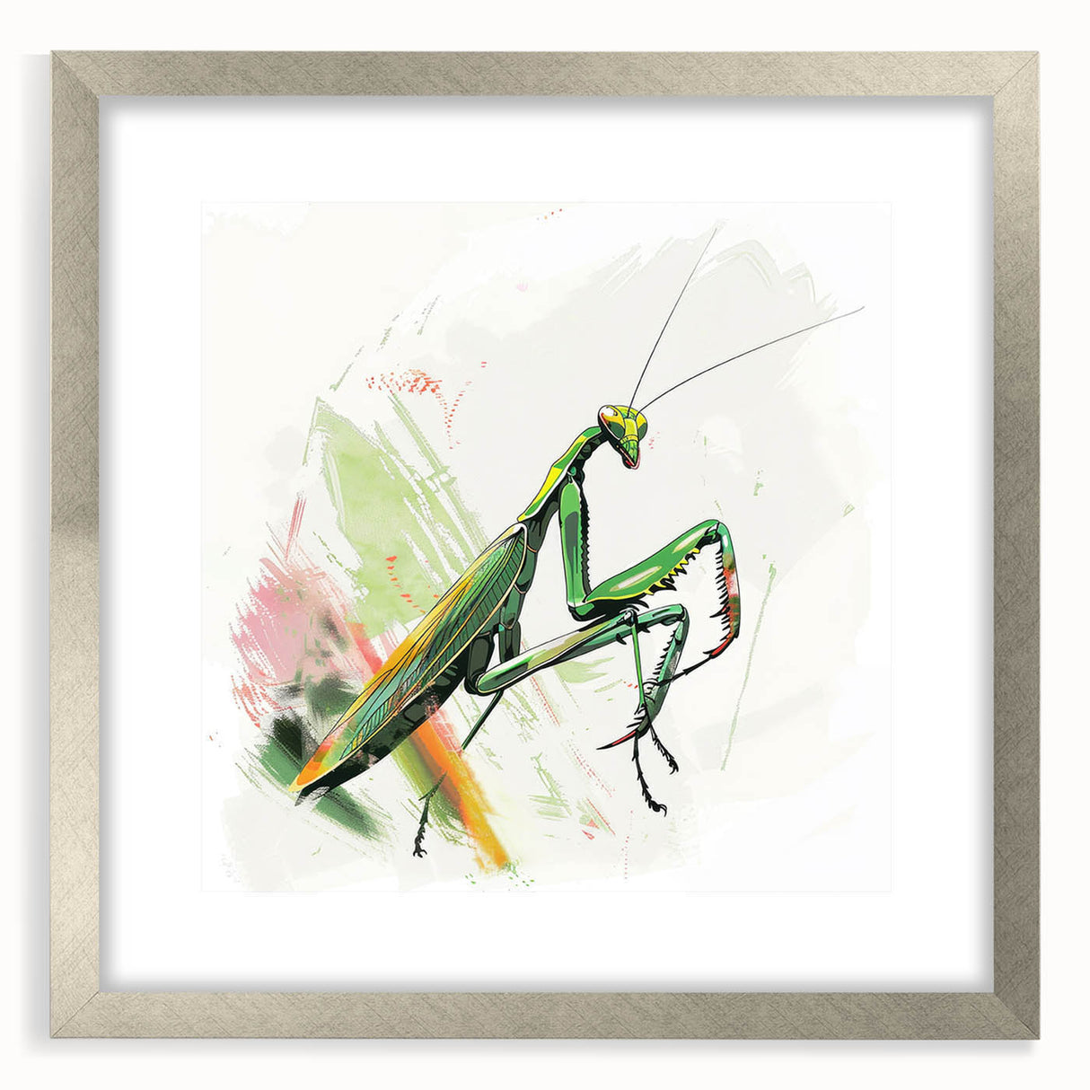 Framed wall art featuring a striking mantis design, showcasing intricate details with a silver frame and mat. Ideal for nature-themed decor or insect enthusiasts.
