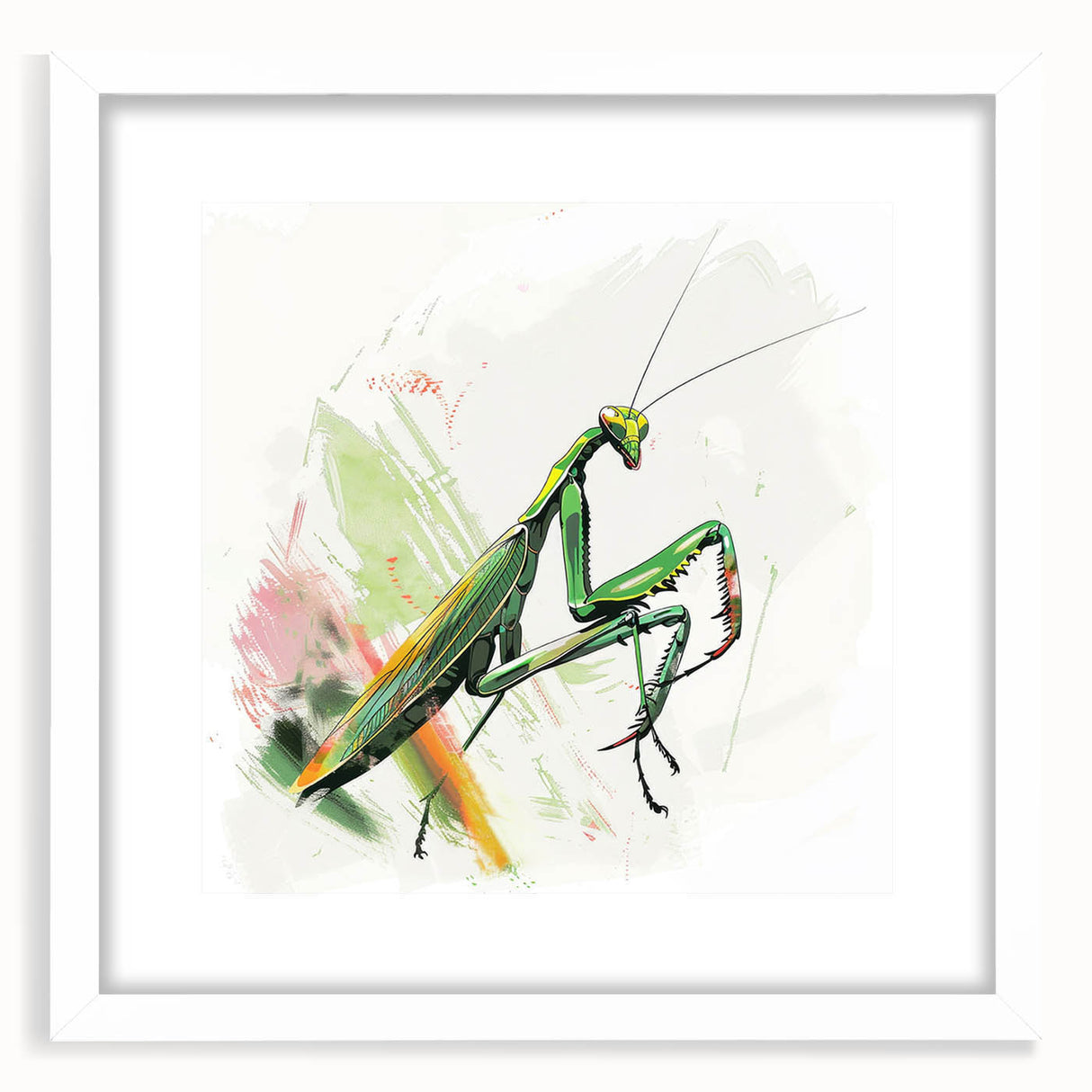 Framed wall art showcasing a detailed mantis design in a minimalist white mat, perfect for insect enthusiasts and modern decor. Ideal for adding a touch of nature to any space.