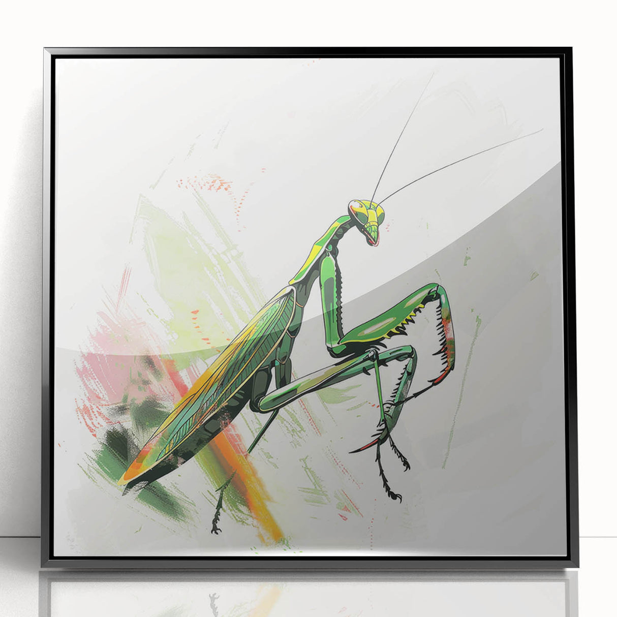Framed wall art featuring a striking mantis design in vibrant colors, set in a sleek black frame, perfect for insect enthusiasts and modern decor.
