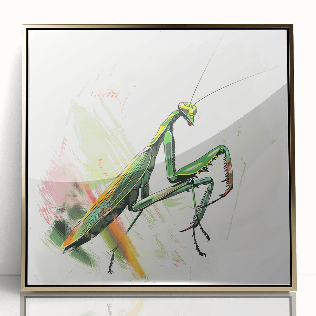 Framed wall art featuring a detailed mantis design in vibrant colors, encased in gold acrylic with a sleek front view, perfect for nature enthusiasts and modern decor.