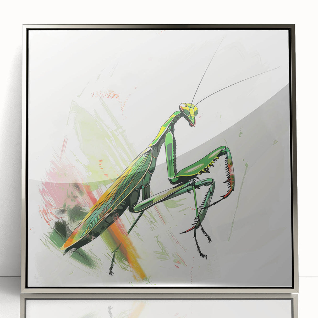 Framed wall art featuring a detailed insect and arachnid mantis design, with a sleek silver acrylic front, perfect for modern decor and nature enthusiasts.