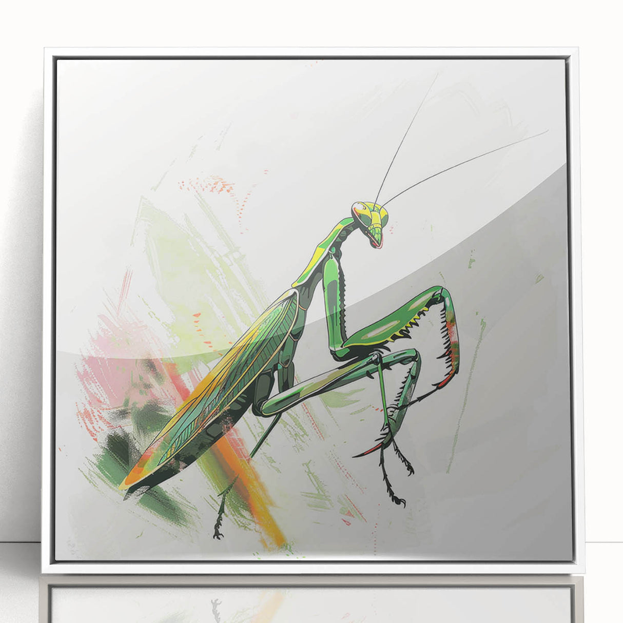 Framed wall art showcasing a detailed mantis and arachnid design, featuring a sleek white frame and vibrant colors, perfect for nature enthusiasts.