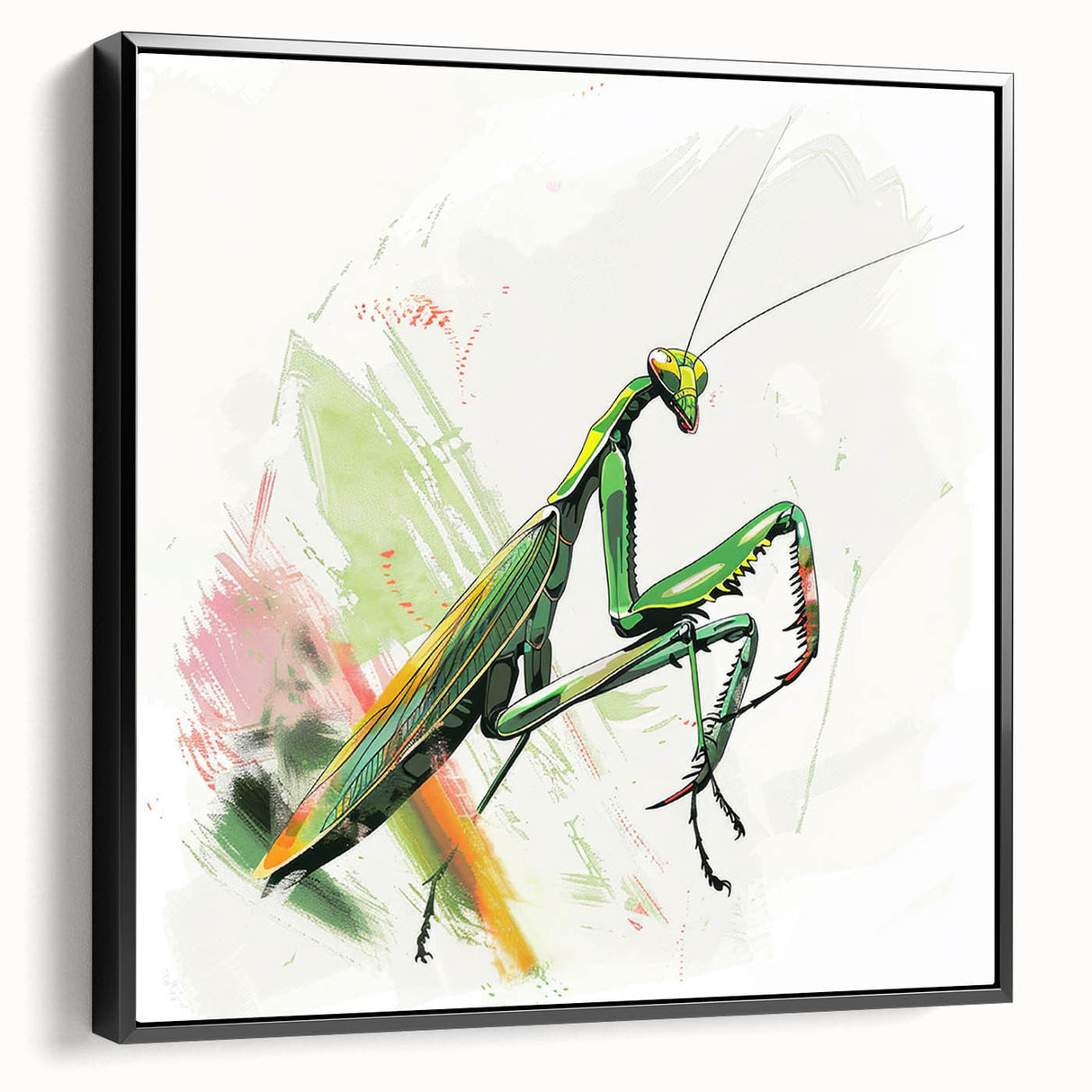 Framed wall art featuring a detailed design of a mantis, showcasing vibrant colors and intricate patterns. The black frame enhances the artwork's visual appeal, perfect for insect enthusiasts and modern decor.
