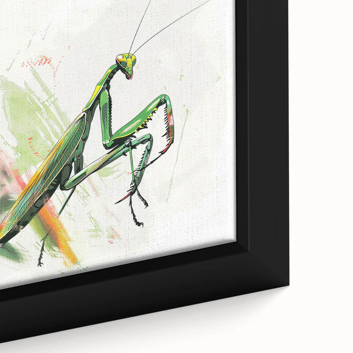 Close-up of a framed canvas wall art featuring a detailed design of a mantis and other insects, showcasing vibrant colors and intricate textures, ideal for nature lovers and modern decor.