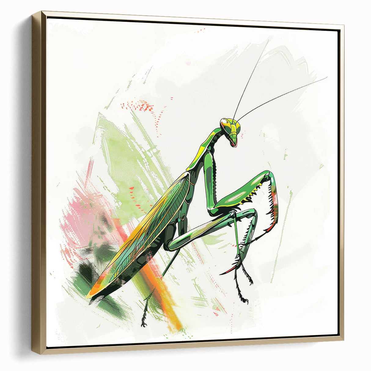 Framed canvas wall art featuring a detailed insect and arachnid mantis design, with a stylish gold frame, showcasing intricate patterns and vibrant colors, ideal for modern decor.