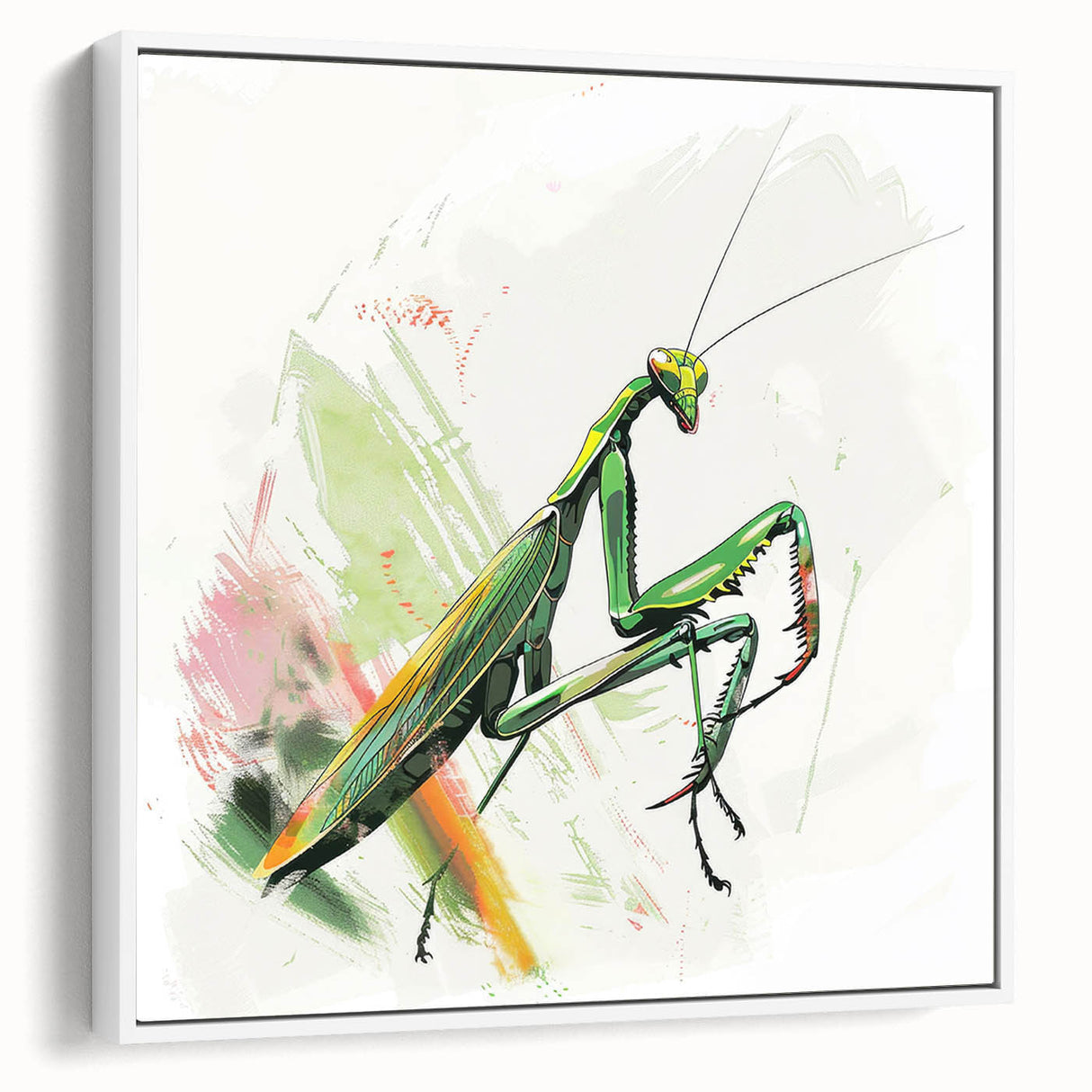 Framed wall art featuring a detailed mantis design among insects and arachnids, set against a white background, perfect for nature enthusiasts' decor.