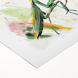 Stylish rolled canvas wall art showcasing a vibrant mantis design, perfect for insect enthusiasts, featuring intricate details and a textured finish, ideal for home decor.