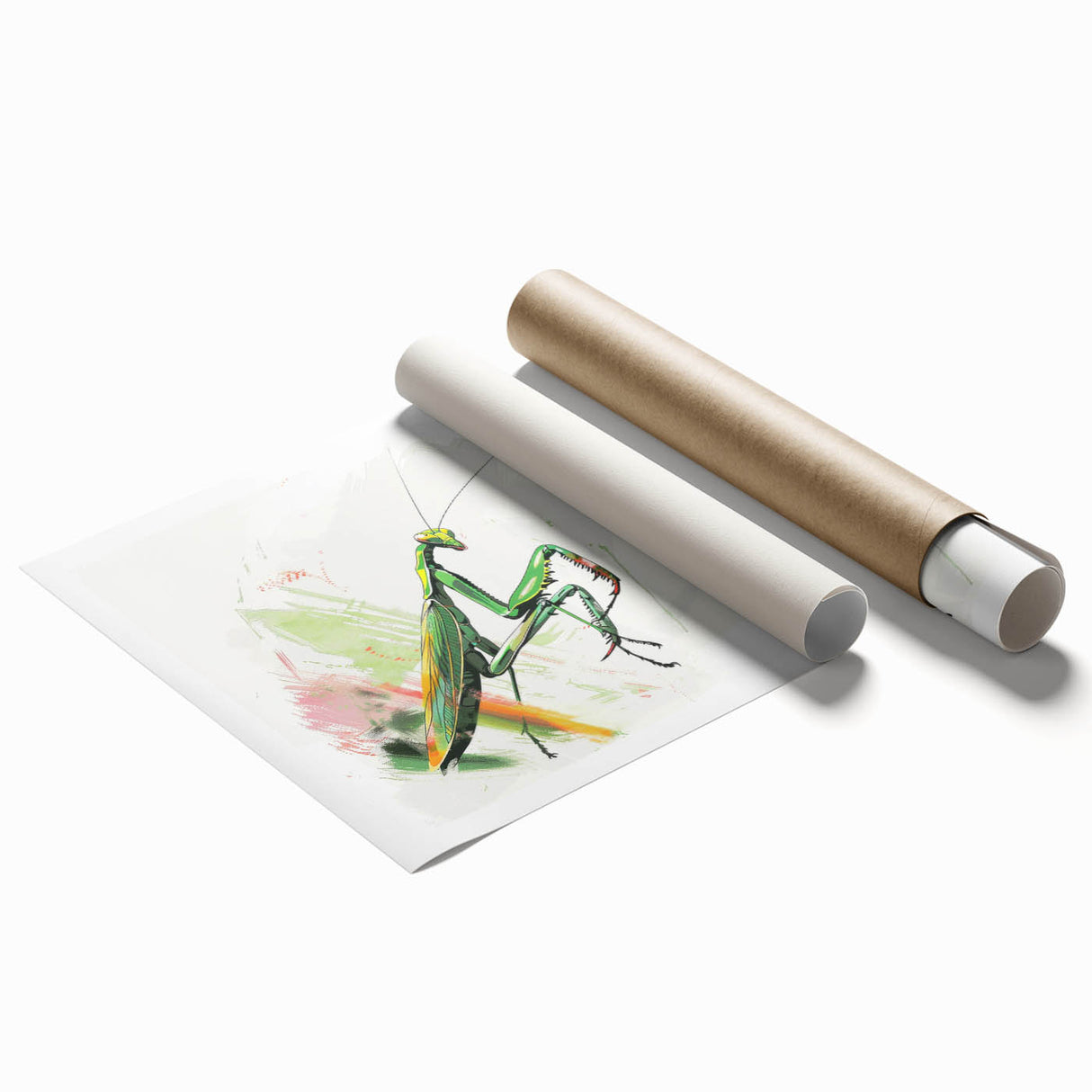 Detailed illustration of a vibrant mantis design in a wall art collection, showcasing intricate patterns and colors on a rolled print, suitable for insect enthusiasts.