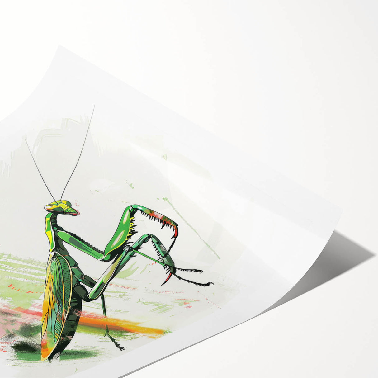 Stylish rolled print featuring an intricate mantis design from the Insect and Arachnid collection, showcasing vibrant colors and detailed artwork, perfect for nature-themed decor.