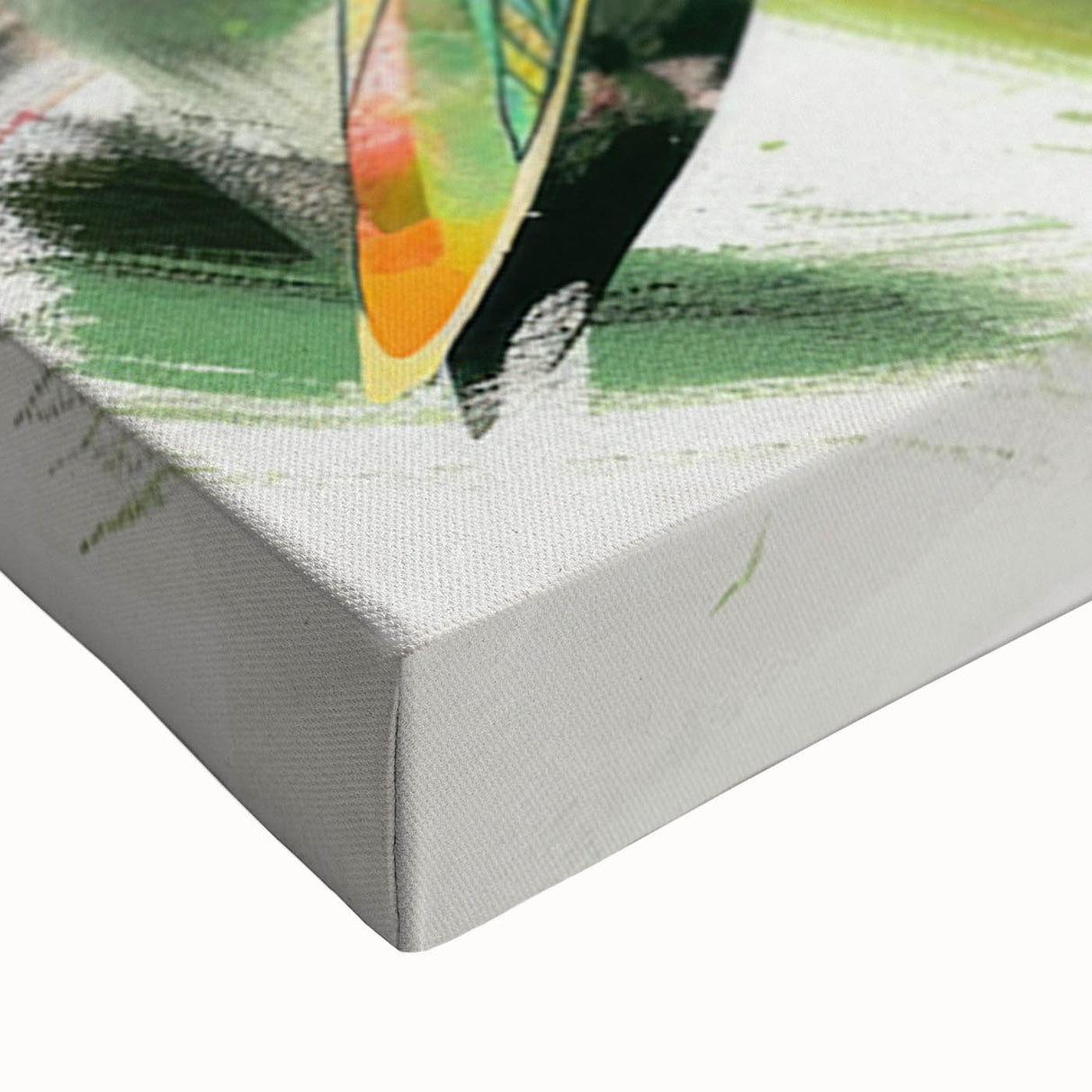 Close-up of a vibrant mantis design on stretched canvas wall art, showcasing intricate details and textures, perfect for nature-themed decor.